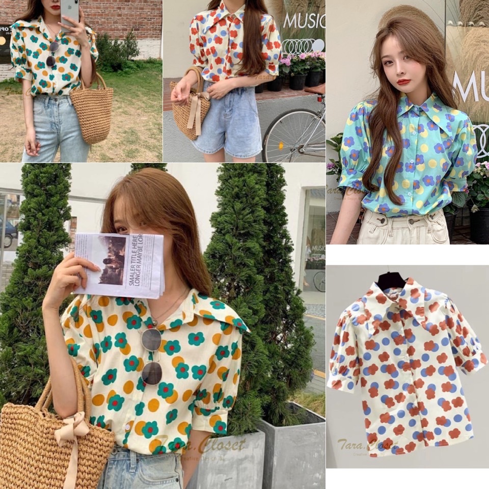 IT081 TARA Shirt เสื้อเชิ้ต กระดุมหน้า คอปกแหลม แขนตุ๊กตา ลายดอกน่ารักๆ เนื้อผ้าไหมอิตาลีอย่างดี ใส่สบาย ไม่ร้อน