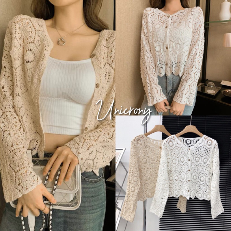 Unicrony พร้อมส่ง เสื้อถักแขนยาว กระดุมกะลา มี 2 สี สไตล์โบฮีเมียน