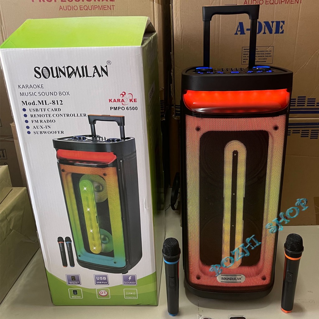 รุ่นใหม่ล่าสุด!! ลำโพงบลูทูธ 8นิ้ว(2ดอก) แถมไมค์ลอย2อัน มีไฟLED ยี่ห้อSOUND MILANเสียงดีไฟสวย