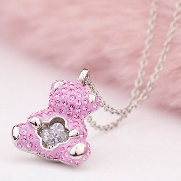 สร้อยคอหมีสีชมพู Swarovski Elements สร้อยคอกระดูกไหปลาร้าหมี Heartbear สร้อยคอตุ๊กตาหมี Shijiahara