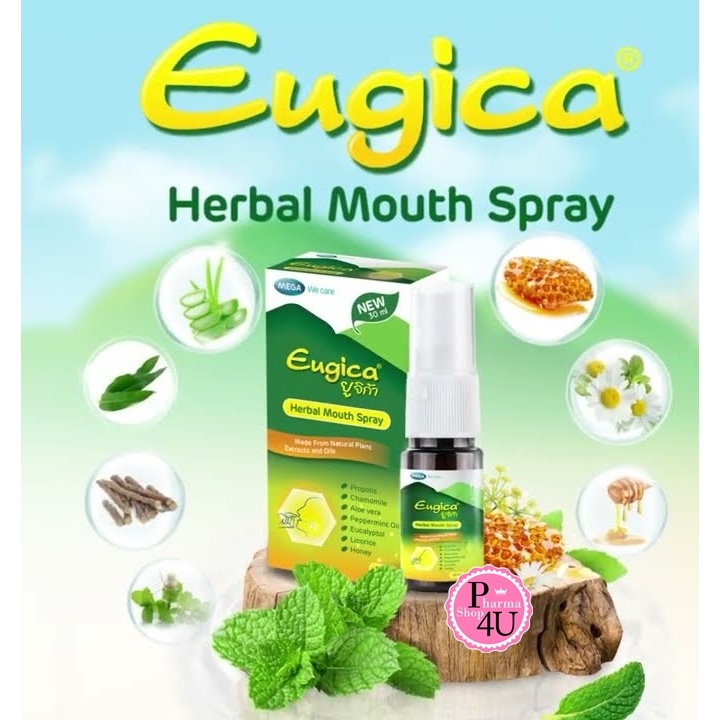 Mega Eugica Herbalbal Mouth Spray 10/30ml. ยูจิก้า เฮอร์บอล เม้าท์ สเปรย์