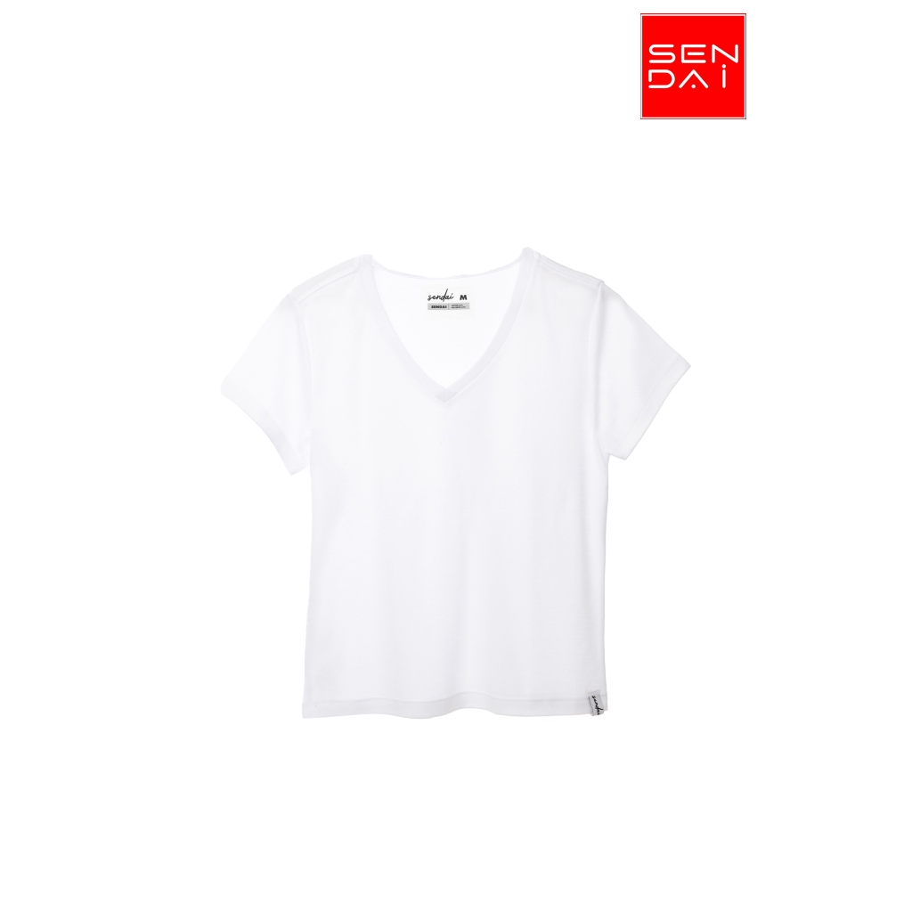 "SENDAI" เสื้อยืดผู้หญิงคอวี สีขาว