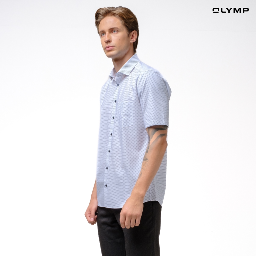 OLYMP  24/Seven DYNAMIC FLEX  LUXOR Shirt เสื้อเชิ้ตชายแขนสั้น สีขาวลายพิมพ์มินิมัล  (SPRING24) เสื้อเชิ้ตทำงาน ชุดทำงาน