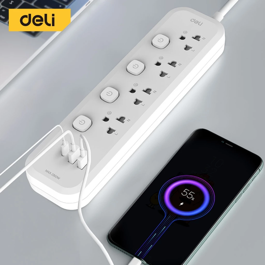 Deli ปลั๊กไฟ USB ปลั๊ก3ตา กำลังไฟ 2300W มอก. สวิตช์ปิด-เปิด ตัดไฟได้ สายยาว 3 5m รับประกันนาน 3ปี Power Socket thumbnail 3