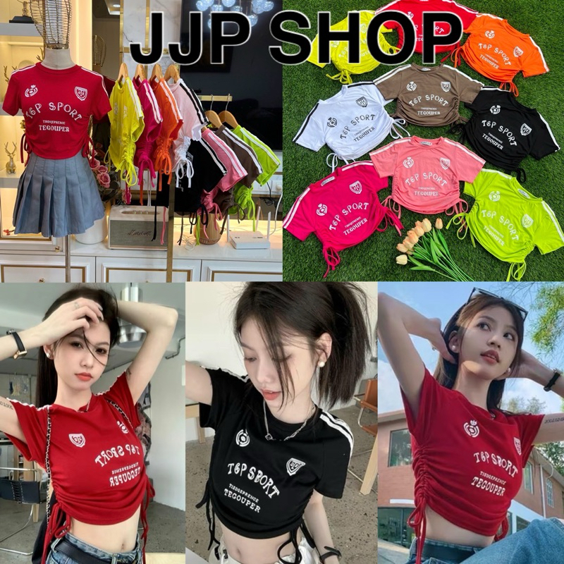 เสื้อครอปสั้นแนวสปอร์ต สายรูดด้านข้าง สีสันจี้ดจ้าดสดใส เนื้อผ้าเรย่อน นุ่ม ยืด อย่างดี