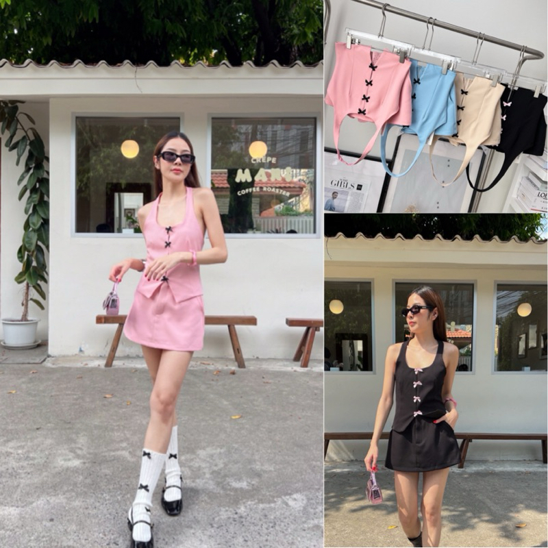 พร้อมส่ง Amuse bow set 🩷 ชุดเซ็ตเสื้อคล้องคอ สม็อคหลัง ลุคหวานแต่แซ่บ แมทช์กระโปรงกางเกง สวยที่ถูกต้