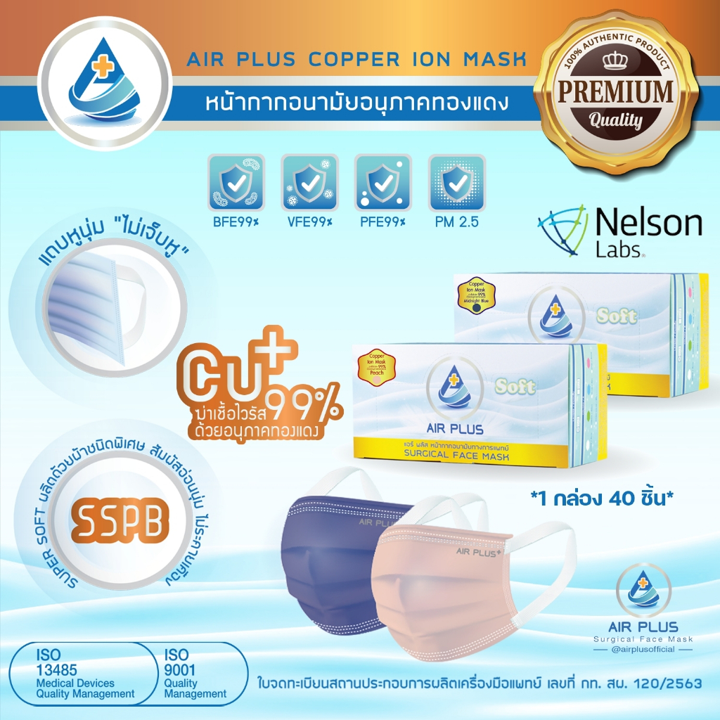 AIR PLUS SOFT : COPPER ION MASK (Anti-Virus) [สำหรับผู้ใหญ่] รุ่น "ไม่เจ็บหู" มีอย.VFE BFE PFE 99%