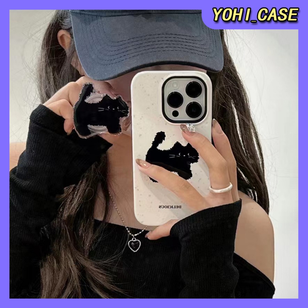 คุณภาพสูง iPhone 15 14 13 12 11 Pro Max เคส for เคสไอโฟน11 เคส บางเบาพกพาง่าย การ์ตูน แมว เปลือกคู่ พร้อมขาตั้ง Case
