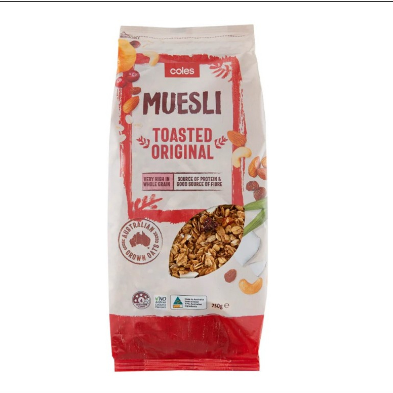 Coles Muesli Toasted Original โคลส์มูสลี่ผสมผลไม้อบแห้งธัญพืชอบแห้งและถั่วอบแห้ง 750g.