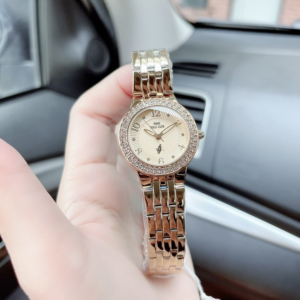 นาฬิกาข้อมือผู้หญิง สายสแตนเลส สีทอง Polo Watch ควอตซ์/ประกันศูนย์1ปี/ของแท้รับประกัน/กล่องแบรนด์/ป้าย/ใบประกันจากshop