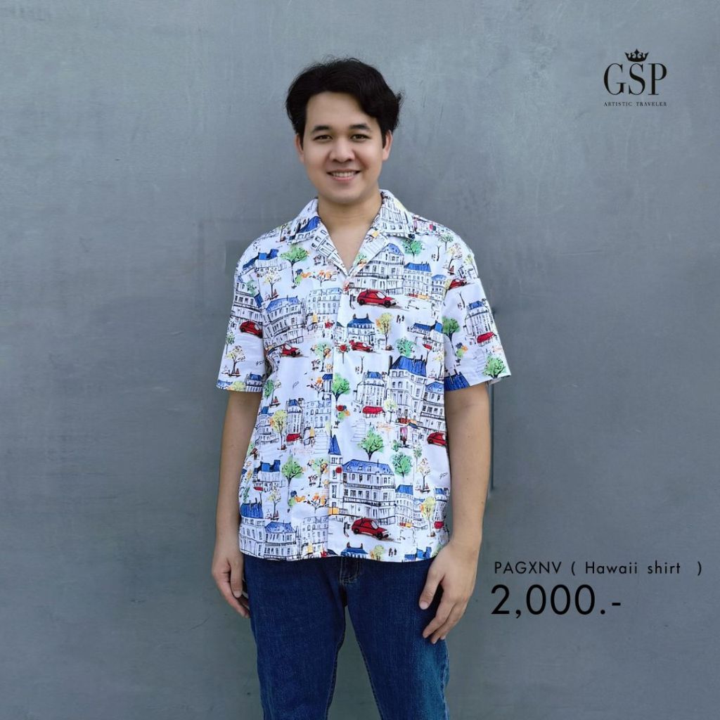 GSP เสื้อฮาวาย แขนสั้น สีน้ำเงิน ขาว คอตต้อน ลายพิมพ์ Champ Elesee (PAGXNV)