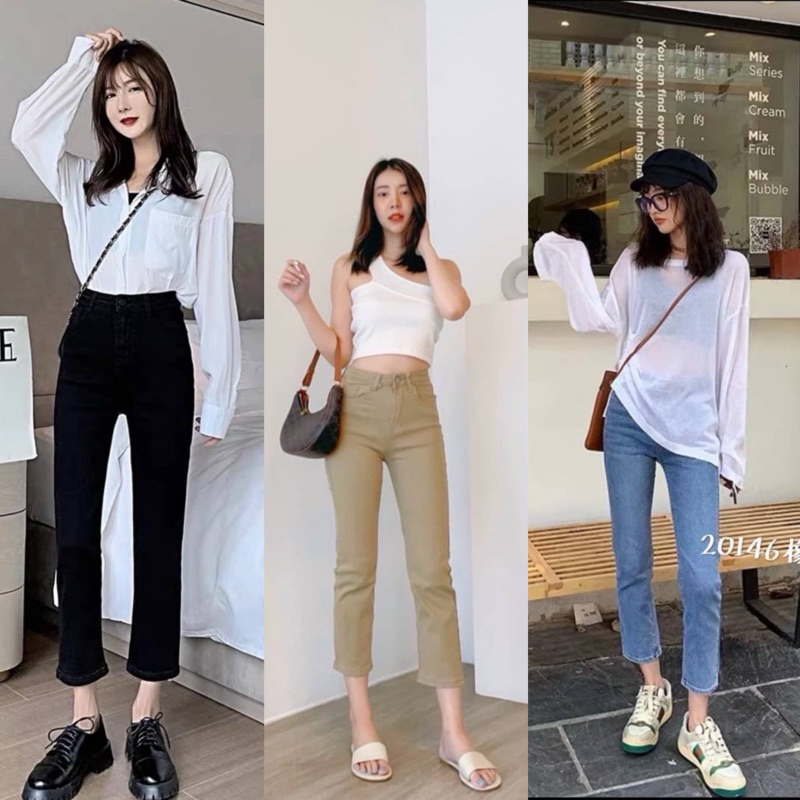 Acasey กางเกงยีนส์ผู้หญิง ขายาว ผ้ายีนส์ยืดเยอะ เอวสูงปรี๊ด ฟอกสีสวยปลายขาเย็บเก็บสไตล์เกาหลี 20207