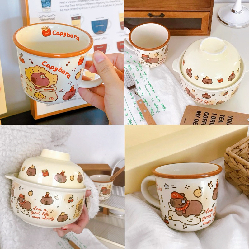 พร้อมส่ง ถ้วยมาม่า Capybara คาปิบาร่า ถ้วยมีฝาปิด แก้วน้ำ ชุดเข้าเซต 14040 70078