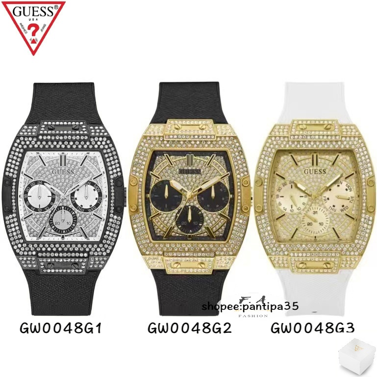 F.A ของแท้100% Guess ตัวเรือนสแตนเลส ตัวเรือนรูปทรงตันประดับด้วยคริสตัล หน้าปัดมัลติฟังก์ชั่นที่ตื่นตา GW0048G1 GW0048G2