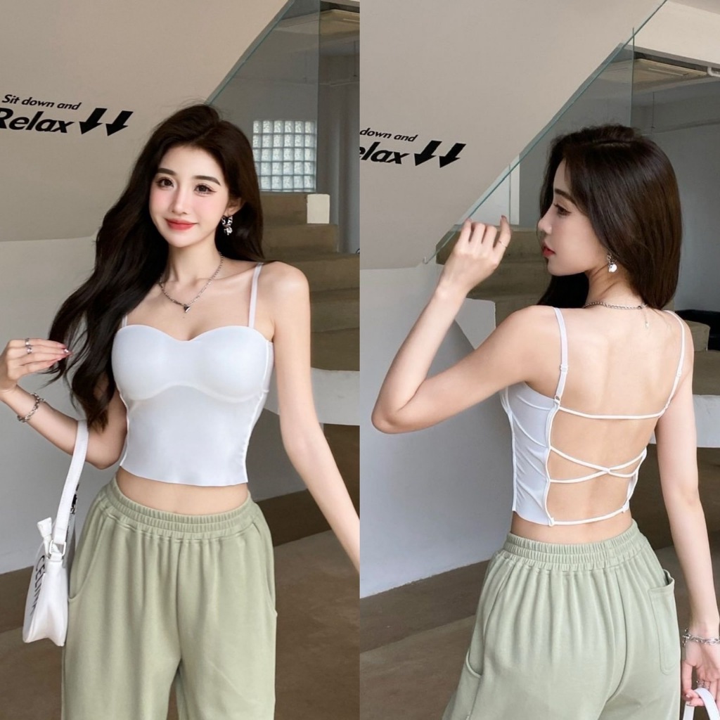 พร้อมส่ง เสื้อสายเดี่ยว โชว์ด้านหลัง ดีไซน์เป็นเส้น ฟรีไซส์ #578