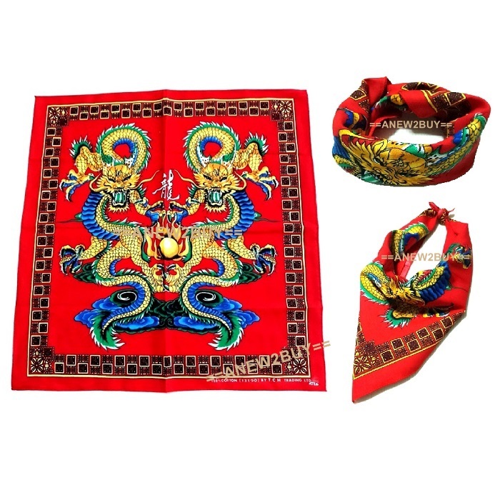 ผ้าลายมังกรทอง พื้นแดง ผ้าพันคอ ผ้าโพกหัว (Bandana Gold Dragon Red Scarf)