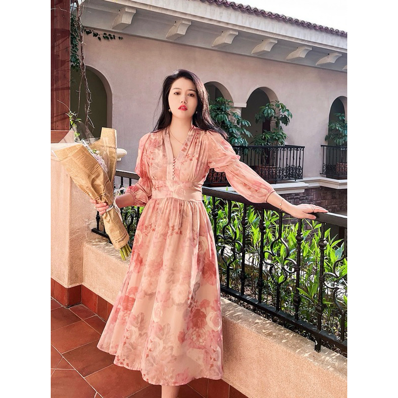 มีไซส์ S-XL ชุดเดรสยาว พิมพ์ลาย แขนยาว แต่งกระดุมช่วงหน้าอก คอวี สีชมพูพาส เรียบหรู สไตล์เกาหลี