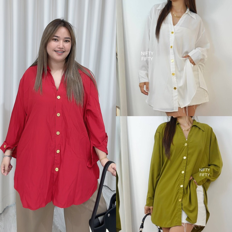 เสื้อเชิ้ตแขนยาว ทรงโอเวอร์ไซซ์ กระดุมทอง อก56