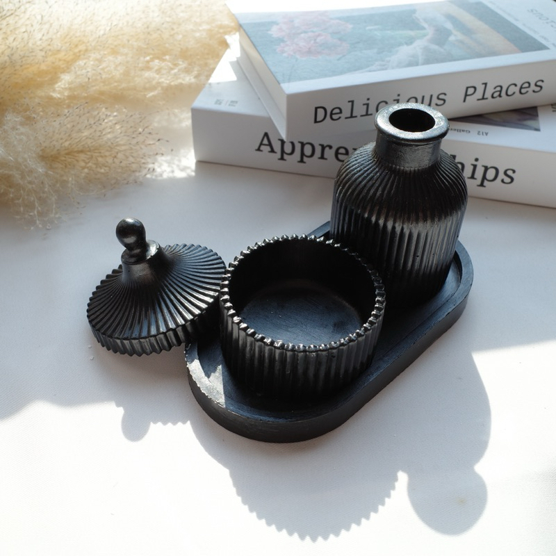 Set combo 3 ชิ้น (สีดำ+เคลือบเงา) ถาดรี แจกัน กระปุกใส่เครื่องประดับ ของแต่งบ้านมินิมอล minimal