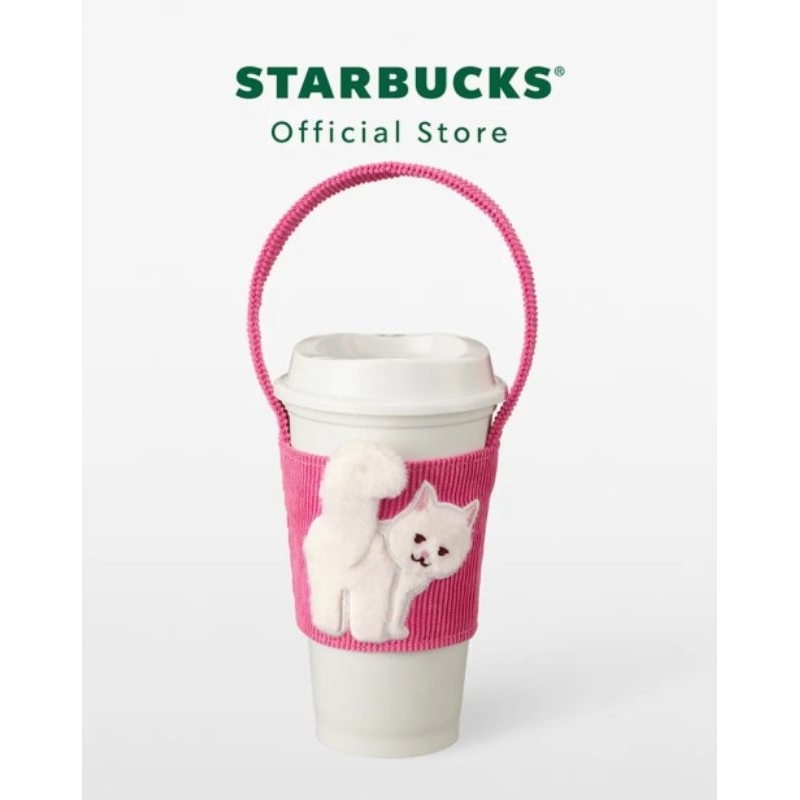 2024​ Starbucks​ Thailand​ Valentine's​ "Feline in Love" Creamy Cat on Pink Cup Carrier (Cup Holder)