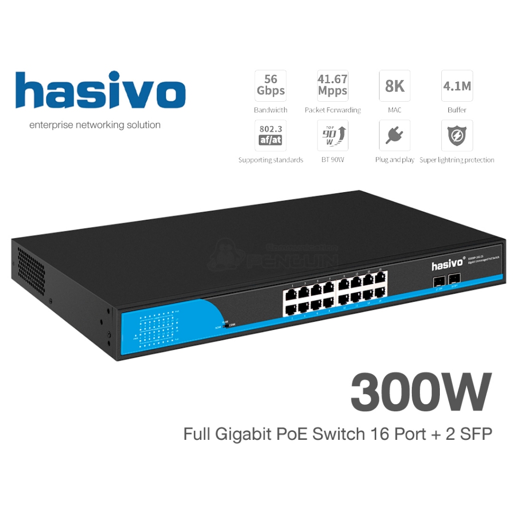 hasivo รุ่น S5800P-16G-2S | Full Gigabit POE Switch 16 POE + 2 SFP (300W) ประกัน 1 ปี