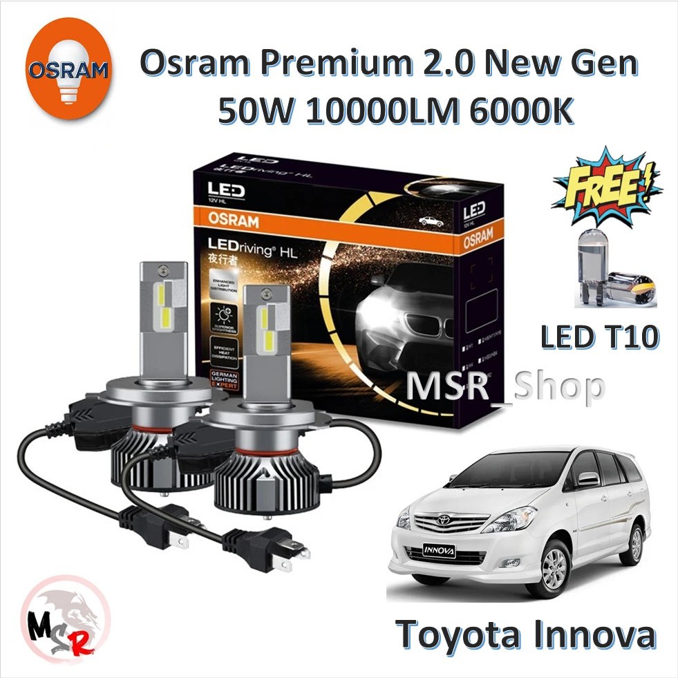 Osram หลอดไฟหน้ารถยนต์ Premium 2.0 New Gen LED+500% 10000lm 50W 6000K Toyota Innova แถมฟรี LED T10