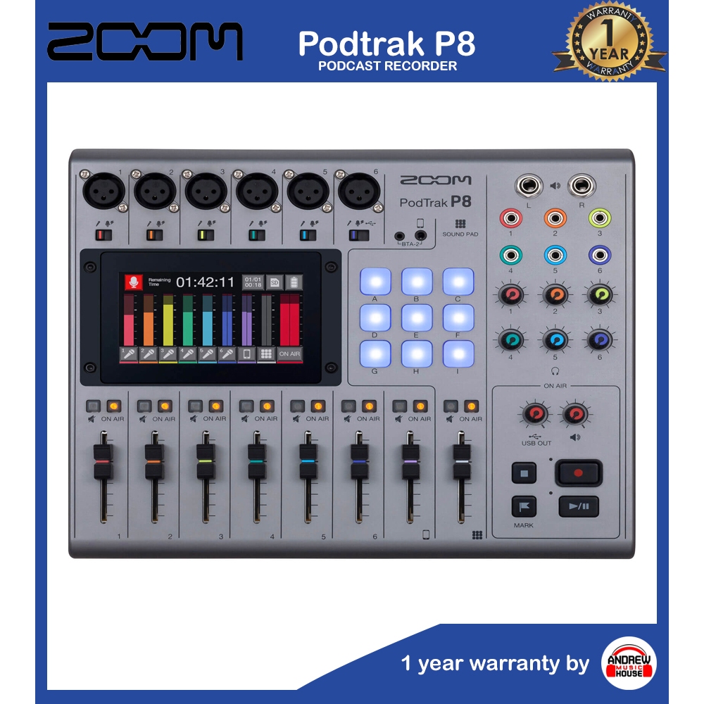 เครื่องบันทึกเสียง Zoom PodTrak P8 Podcast Recorder เครื่องบันทึกเสียงมัลติแท็คสำหรับงานพอดแคสต์ รับ