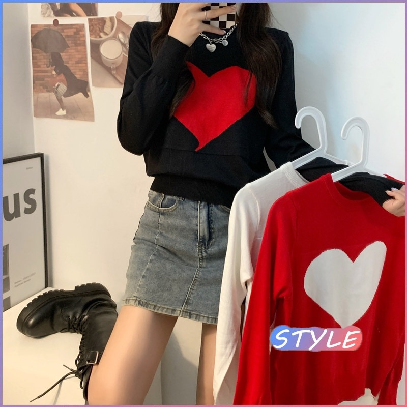 STYLE 9019 เสื้อไหมพรมผู้หญิง แขนยาว ดีไซน์ลายรัก ดีไซน์คอกลม ใส่สบาย ดูดี มี 3 สี