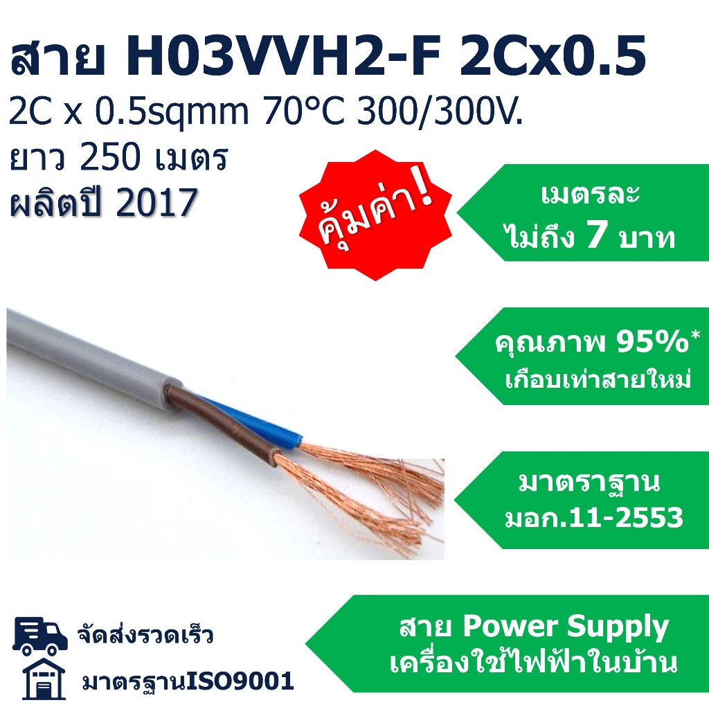 (ปี2017)(250เมตร) สายPower 2C x 0.5sqmm, H03VVH2-F มาตรฐาน มอก.11-2553 คุณภาพดี-ราคาสุดคุ้ม-จัดส่งรว