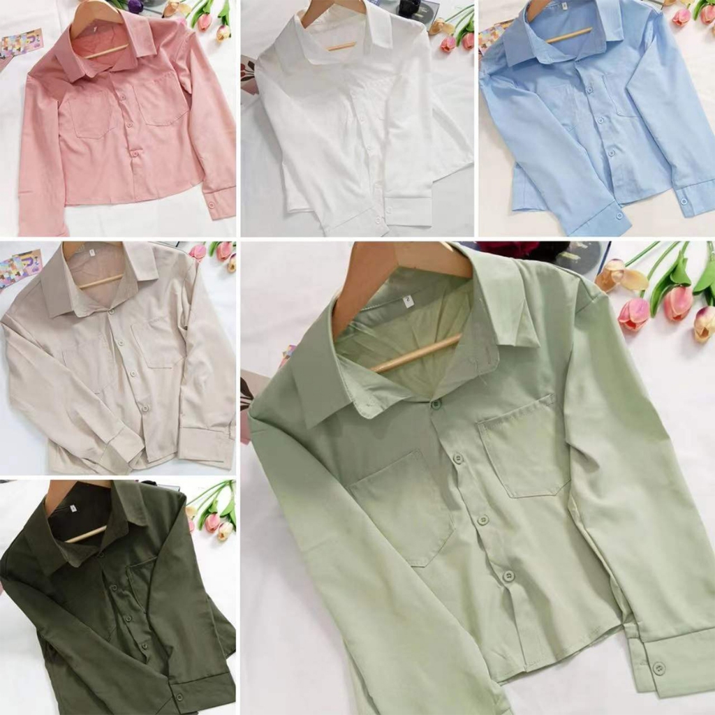 เสื้อครอปเชิ้ต แขนยาวเอวลอย แต่งกระเป๋าใหญ่ซ้ายขวา