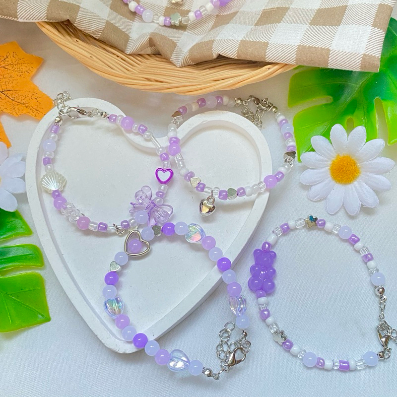 พร้อมส่ง 💜 สร้อยข้อมือลูกปัด กำไลลูกปัด โทนสีม่วง