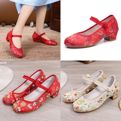 พร้อมส่ง รองเท้าจีนผู้หญิงส้นสูงลายดอกไม้(ไม่มีกล่อง) รองเท้าจีนย้อนยุค