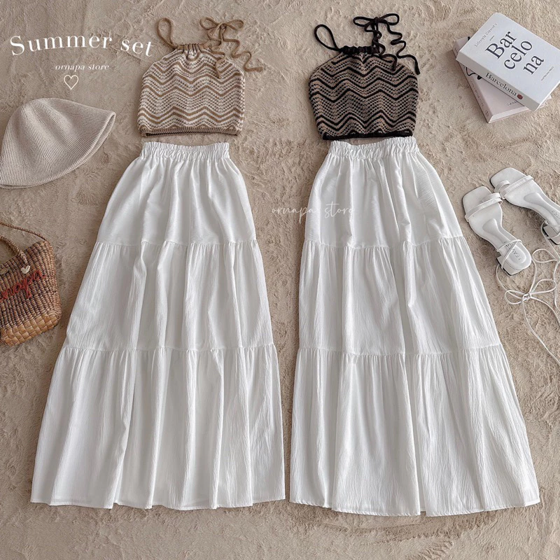 ชุดเซต 2 ชิ้น มินิมอลตรีมทะเล เสื้อถักสายเดี่ยว+กระโปรงยาว