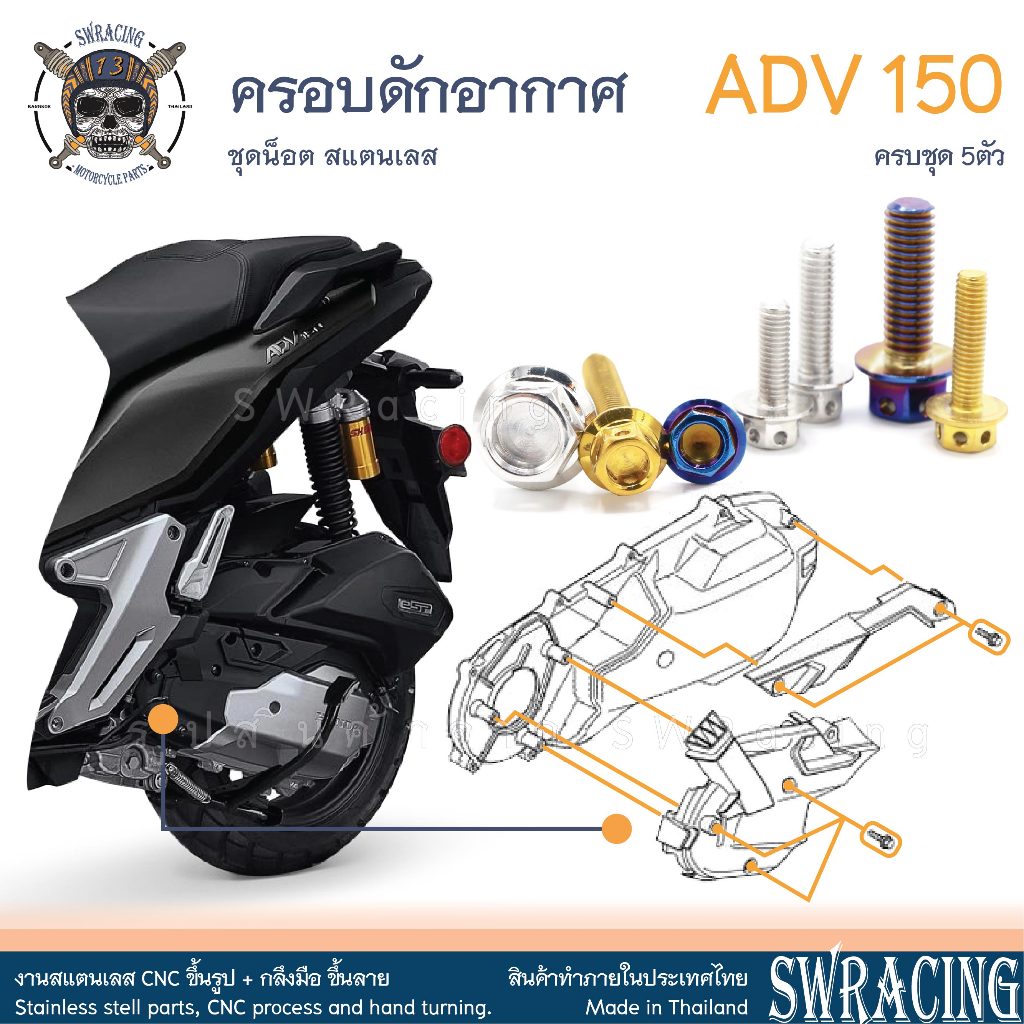 ADV150 น็อตเลส ยึดดักอากาศ ครบชุด 5 ตัว น็อตสแตนเลส ราคาขายต่อ 1 ชุด งานเฮงสกรู