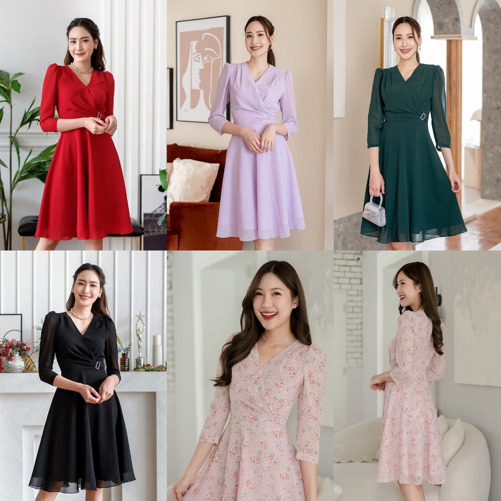 PD106 Chiffon Sunshine Dress เดรสผ้าชีฟอง คอวีป้าย แต่งเพชร กระโปรงบานย้วย
