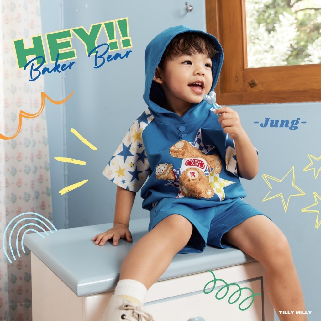 Tilly Milly รุ่น JUNG ชุดฮู๊ดเด็กเสื้อเเขนสั้นกางเกงขาสั้น Look1-hey! baker bear