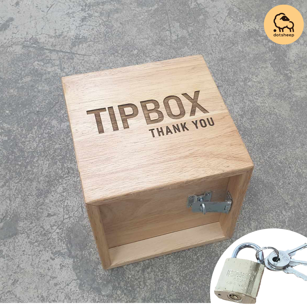 Dotsheep กล่อง Tip box กล่องทิป ไม้ กล่องทิปบ็อกเก็บเงินและใส่เงิน คาเฟ่ ร้านอาหาร - ฟรี!กุญแจ (158)
