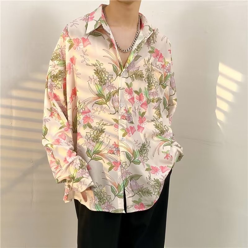 aililai1688 ฤดูร้อนสไตล์เกาหลี เสื้อเชิ้ตแขนสั้นผู้ชาย แฟขั่นพิมพ์ลายดอกไม้ ระบายอากาศได้ดี พร้อมส่ง