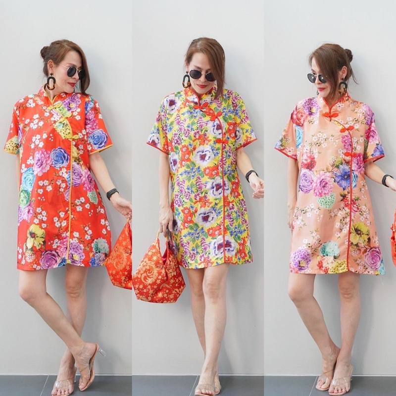 มินิเดรส ผ้าไหมอินเดีย พิมพ์ลายดอก เหมาะกับเทศกาลตรุษจีน​ ป้าย Perfect Style