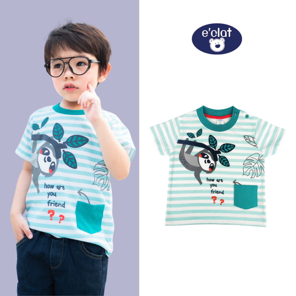 E'clat เสื้อยืดเด็กผู้ชาย คอกลม มีกระดุมไหล่เฉพาะไซส์ 12M-2Y เเขนสั้น  พิมพ์ลายด้านหน้าผสมลายพิมพ์นูนๆ มีกระเป๋า 7966