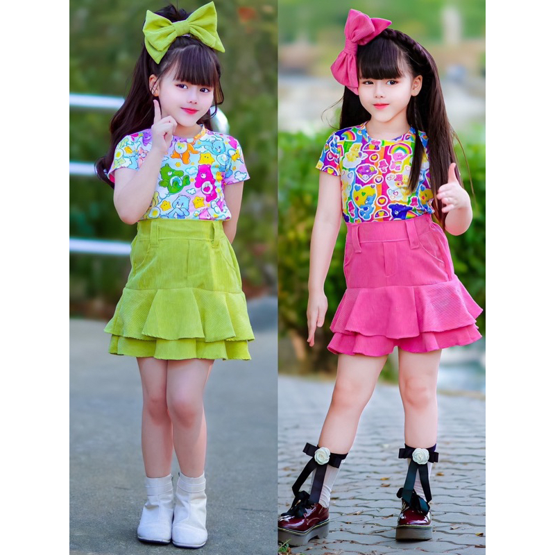 งาน3ชิ้น เสื้อ+กิ๊บโบว์+กระโปรง ตัวเสื้อผ้าคอตต้อนยืดเนื้อดี กระโปรงผ้าลูกฟูกจีบระบายใส่เข้าเซทพร้อมกิ๊บโบว์น่ารักมากก