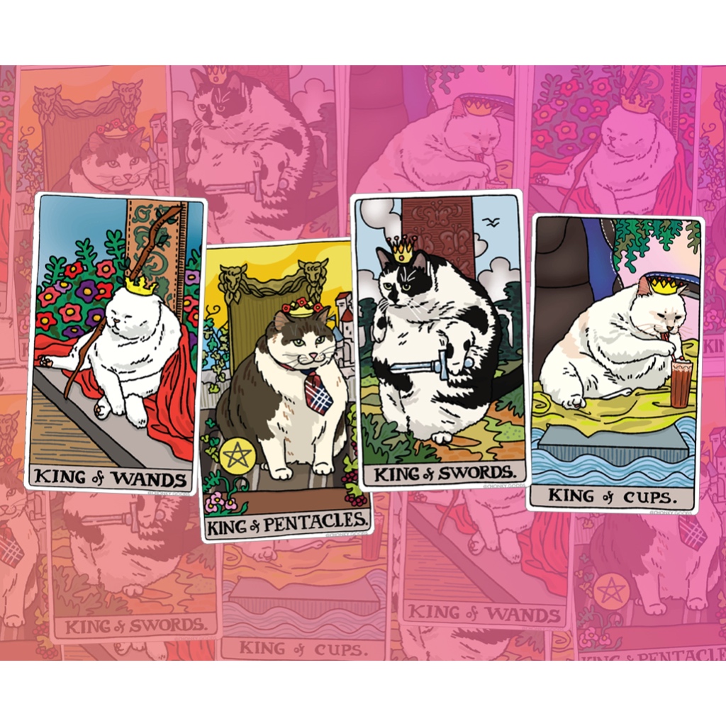 สติกเกอร์ไดคัท กันน้ำ ลายมีมแมว ไพ่ทาโรต์ Tarot Cat King Sticker | King Wands | King Cups | King Pentacles | King Sword