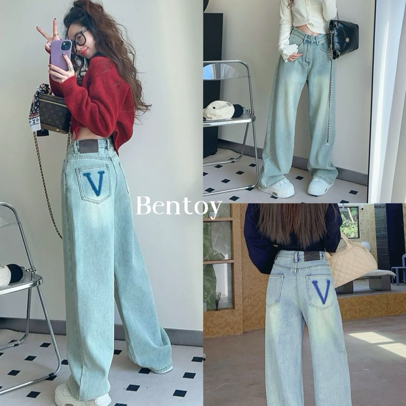 Bentoy(2110)กางเกงยีนส์ขายาว เอวสูง ทรงกระบอก สีอ่อน ดีเทลปักV แมทช์ง่าย