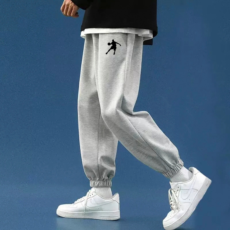 กางเกงวอร์มขายาวผู้ชายกางเกงลำลองทรงหลวมแบบหนาแบรนด์อินเทรนด์บาสเก็ตบอลสีเทาดำกางเก