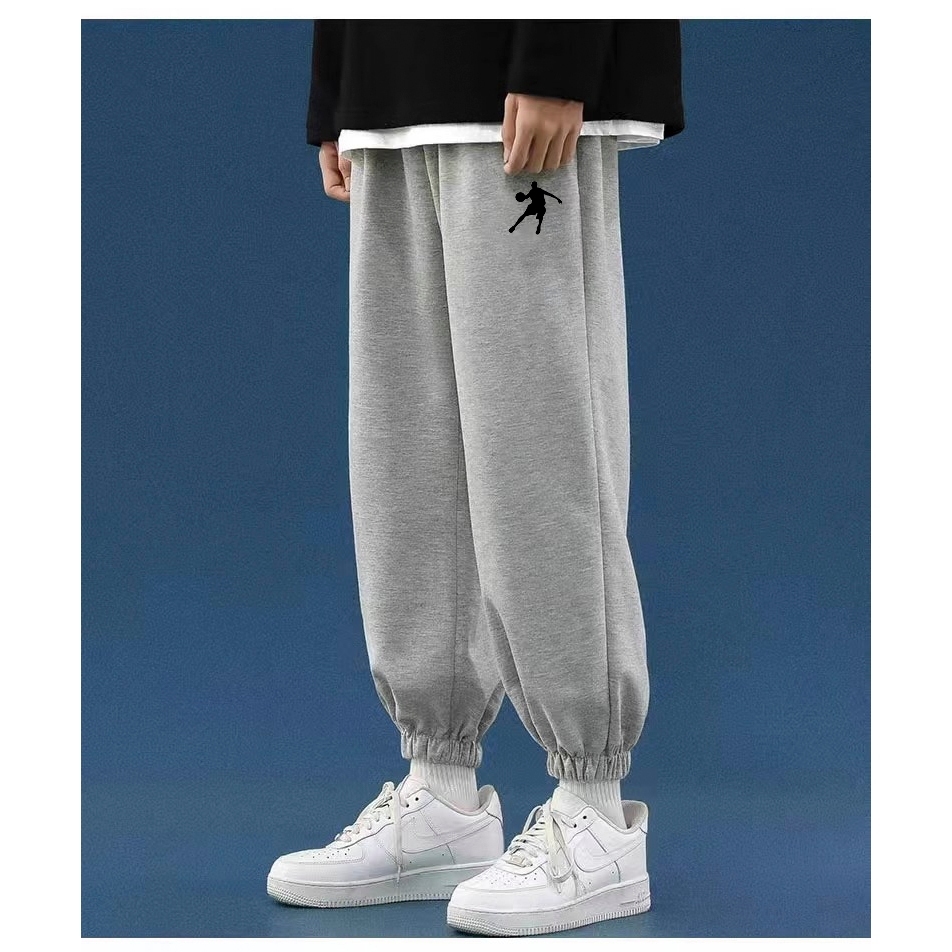 กางเกงวอร์มขายาวผู้ชายกางเกงลำลองทรงหลวมแบบหนาแบรนด์อินเทรนด์บาสเก็ตบอลสีเทาดำกางเก