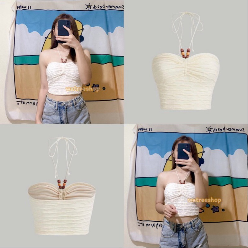 พร้อมส่งในไทย(274) เสื้อคล้องคอ เสื้อแต่งลูกปัด จับจีบช่วงอก สีครีม