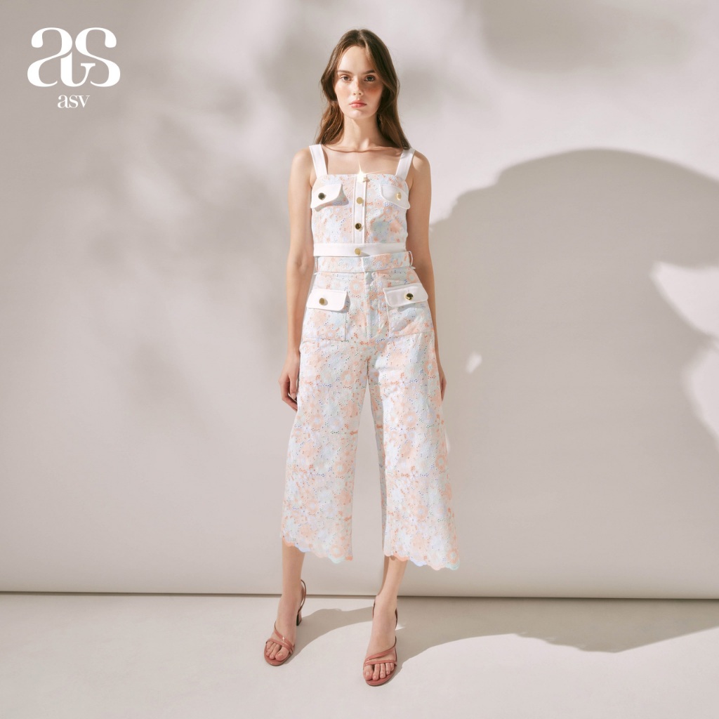 [asv rs24] Fiona Floral Culotte Pants กางเกงผู้หญิง ขายาว ทรงคูลอต แต่งกระเป๋าและกระดุมหน้า ผ้าคอตตอนปักลายดอกไม้