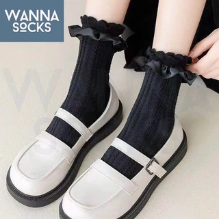 ส่งจากไทย!! ถุงเท้าลายลูกไม้ Lolita สไตล์ญี่ปุ่น แนววินเทจ ข้อกลาง ผ้าฝ้าย สีพื้น ถุงเท้าแฟชั่น A31