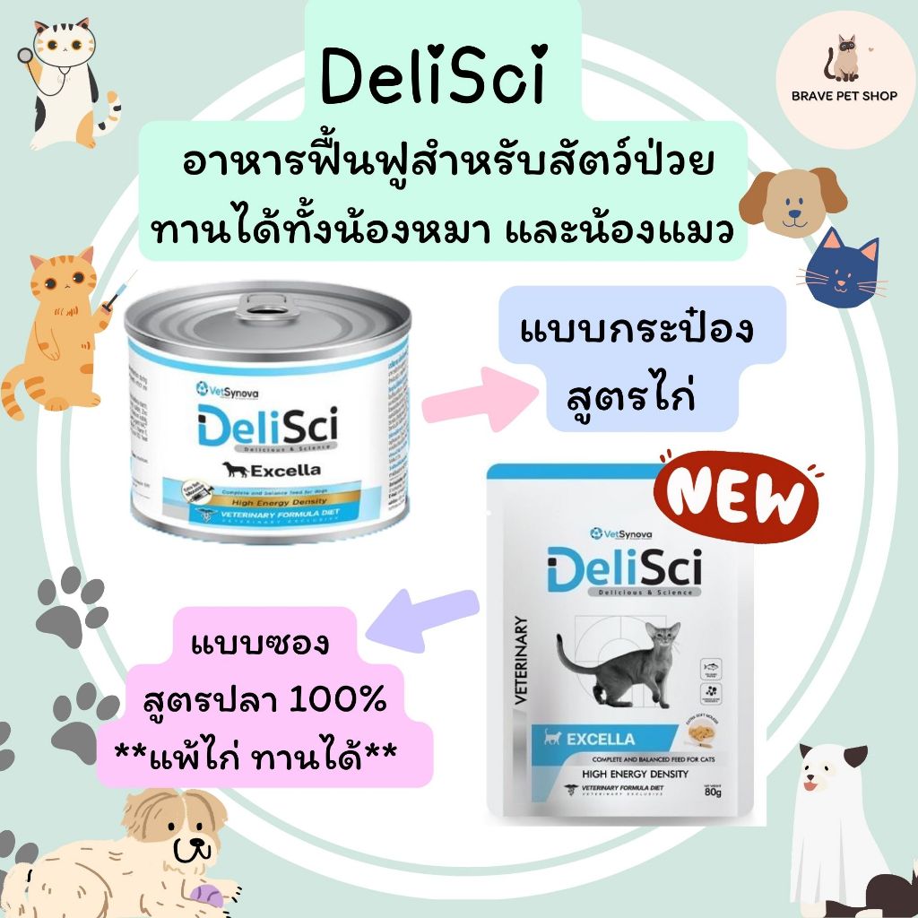 DeliSci Excella Excellent for recovery อาหารฟื้นฟูสําหรับสัตว์ป่วย ขาดสารอาหาร และพักฟื้นหลังการผ่าตัด สูตรไก่และสูตรปลา