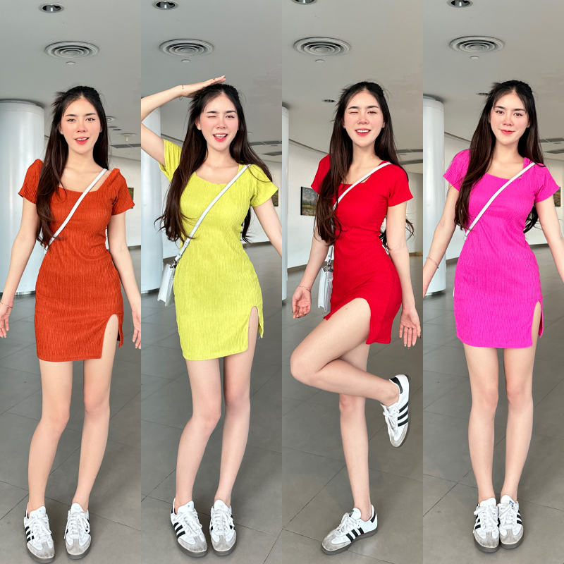 SpinnyHouse มินิเดรสผ้าเปลือกไม้ แต่งแหวกข้าง เซ็กซี่สุด ใส่ออกงานทางการได้ ผ้านืดตามตัว รุ่น เดรสทักษอร